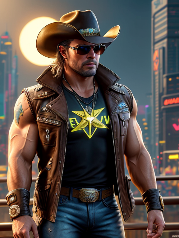 male, huge muscles, portrait, brown leather cowboy outfit with cowboy hat, In cyberpunk 2077, tinted sun glasses, Polished Chrome mechanical breathing mask , art by wayne reynolds and heath ledger, very Intricate, Highly detailed, Digital painting, Artstation, Concept art, Sharp focus,