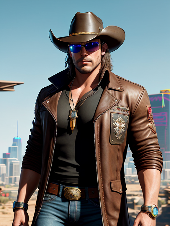 male, huge muscles, portrait, brown leather cowboy outfit with cowboy hat, In cyberpunk 2077, tinted sun glasses, Polished Chrome mechanical breathing mask , art by wayne reynolds and heath ledger, very Intricate, Highly detailed, Digital painting, Artstation, Concept art, Sharp focus, undertaker