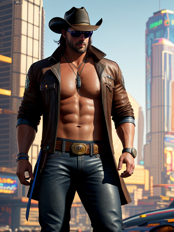 male, huge muscles, portrait, brown leather cowboy outfit with cowboy hat, In cyberpunk 2077, tinted sun glasses, Polished Chrome mechanical breathing mask , art by wayne reynolds and heath ledger, very Intricate, Highly detailed, Digital painting, Artstation, Concept art, Sharp focus, undertaker