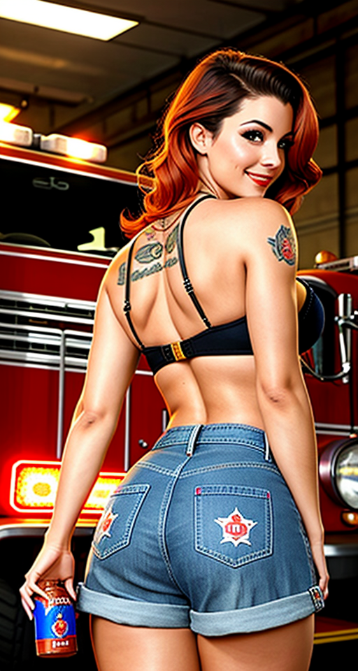 female, hot ass, rear view, astounding beauty, slim, pinup model, in a fire station fireman, denim shorts, ultra realistic, standing, provocative, beautiful , tattooed, cheeky smile, holding hot sauce bottle