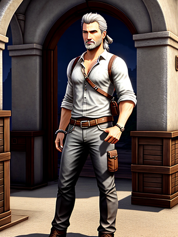 Male adventure game character, grey hair and beard, standing, full length, styled like Uncharted, ponytail 