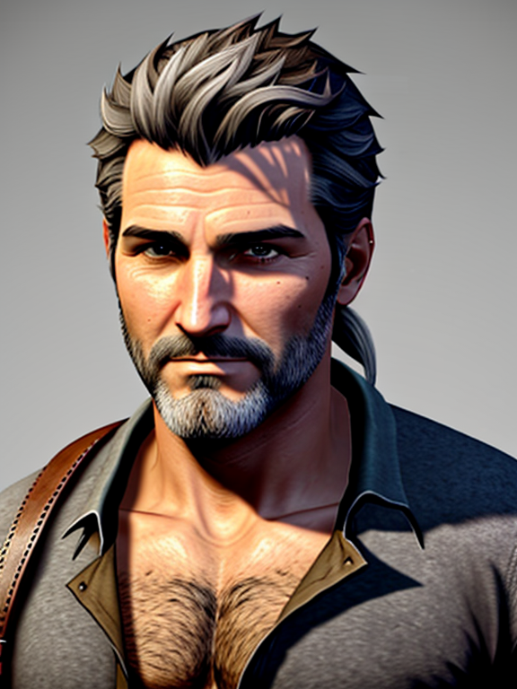 Male adventure game character, grey ponytail, grey beard, styled like Uncharted
