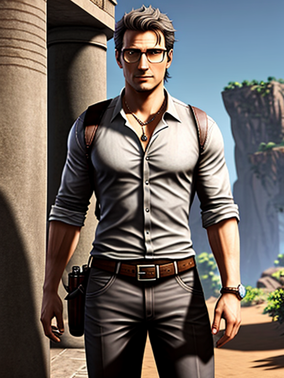 Male adventure game character,full length, standing, grey hair, wearing glasses, styled like Uncharted