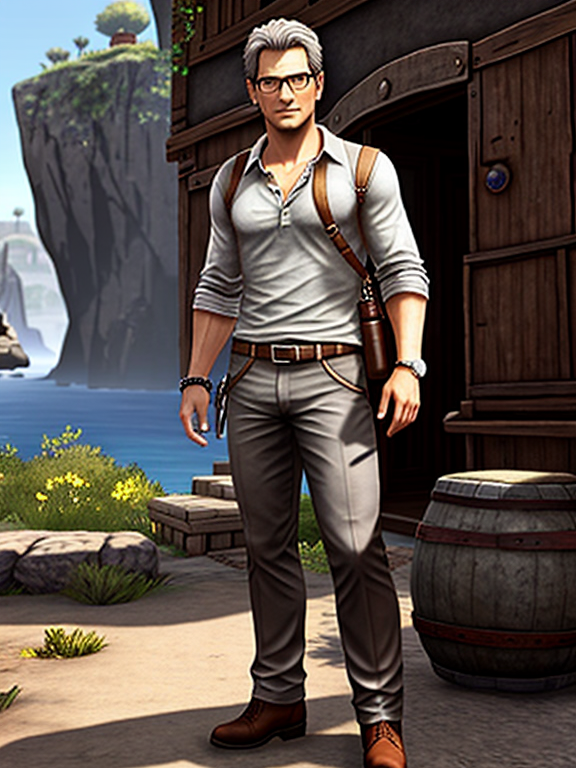 Male adventure game character,full length, standing, grey hair, wearing glasses, styled like Uncharted