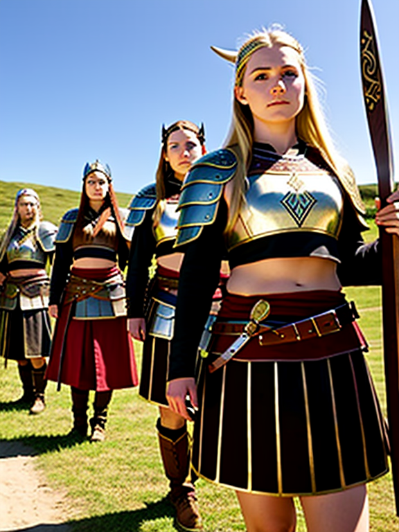 Viking warriors and shield maidens ready for battle, full length, full battle attire
