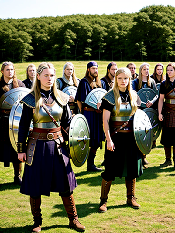 Viking warriors, shieldmaidens, battle ready, full length, post fight 