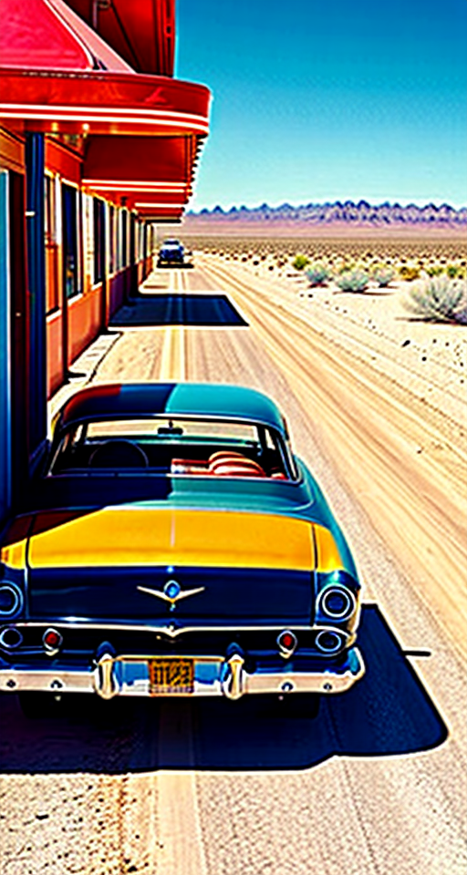 Scene Description sun-soaked, dusty road in the middle of a desert. The background features an old-fashioned diner with a neon sign flickering “Top Shelf Diner.” Classic cars are parked outside, and the atmosphere is straight out of a 1960s postcard, with a modern twist of vibrant colors and high-definition cinematography