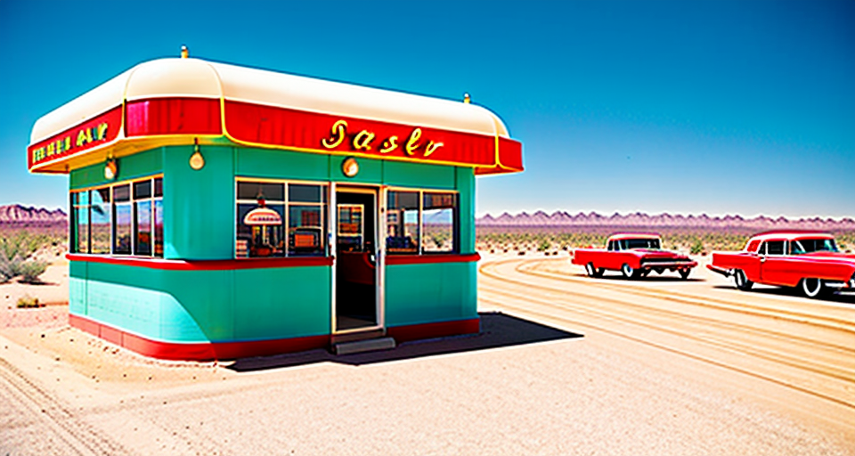 Scene Description sun-soaked, dusty road in the middle of a desert. The background features an old-fashioned diner with a neon sign flickering “Top Shelf Diner.” Classic cars are parked outside, and the atmosphere is straight out of a 1960s postcard, with a modern twist of vibrant colors and high-definition cinematography