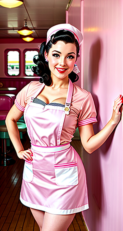 pinup diner waitress in a pastel pink uniform with a white apron, roller skates, and a retro hat.