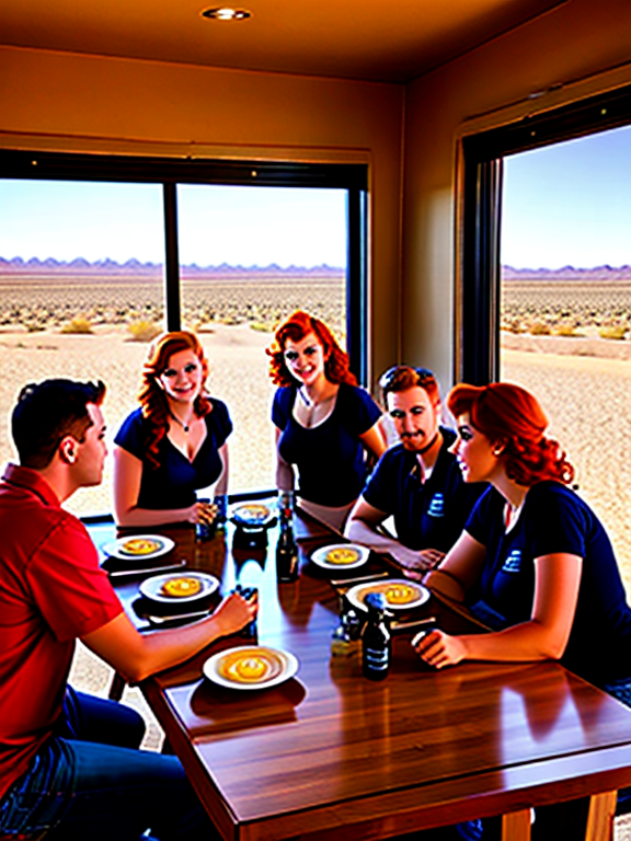 Group of mechanics sitting a dinner, looking out the window into the dust desert road, admiring our beautiful redhead pinup model