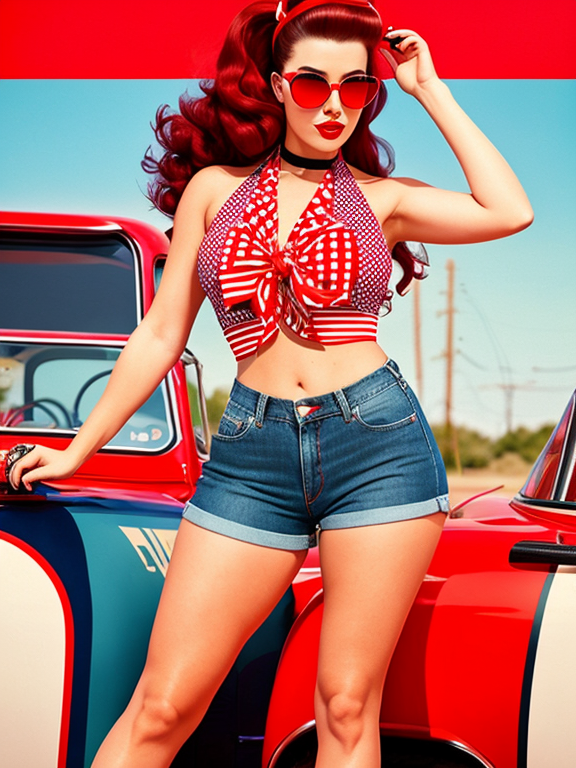 Full length, standing, Betty Blaze is a modern pin-up girl with a rockabilly edge. She has long, wavy, red hair tied up in a bandana, bright red lipstick, and winged eyeliner. She wears a fitted, American flag halter top, high-waisted denim shorts, and red stilettos. Her look is completed with vintage cat-eye sunglasses.
