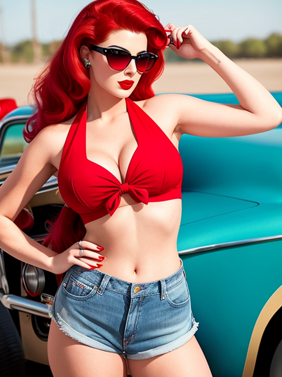 Full length, standing, Betty Blaze is a modern pin-up girl with a rockabilly edge. She has long, wavy, red hair tied up in a bandana, bright red lipstick, and winged eyeliner. She wears a fitted, American flag halter top, high-waisted denim shorts, and red stilettos. Her look is completed with vintage cat-eye sunglasses.
