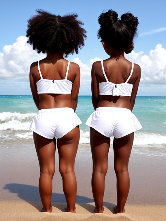 2 black little girls do squats beach backside white clothes stomach