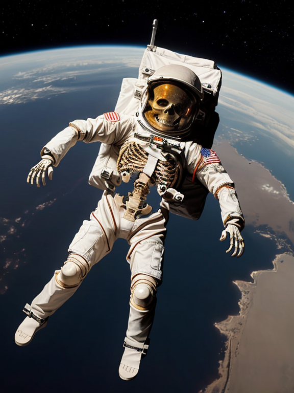 Skeleton in Astronaut suit floating in cosmic space