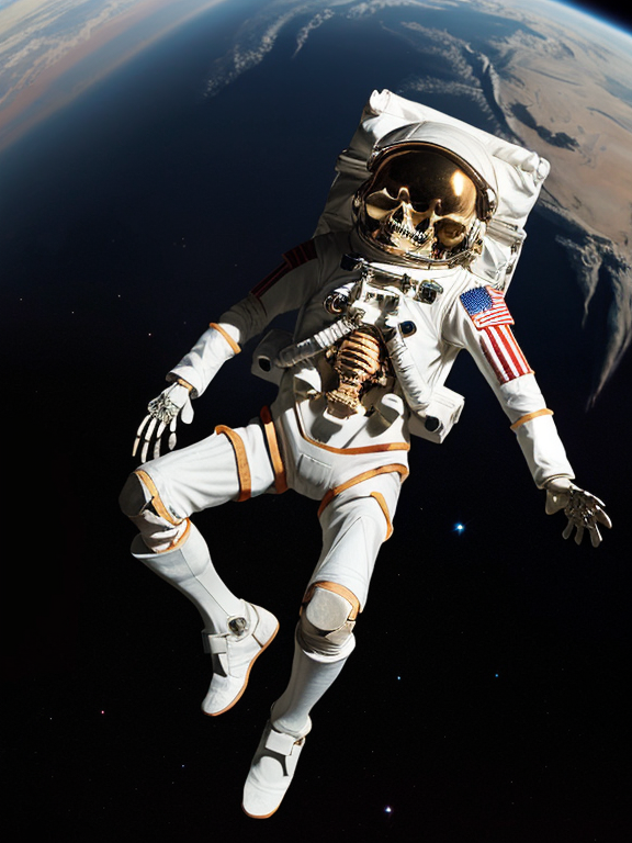 Skeleton in Astronaut suit floating in outer space.
