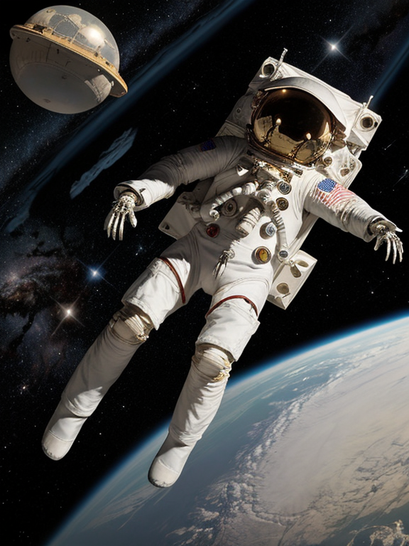 Skeleton in Astronaut suit floating in outer space.