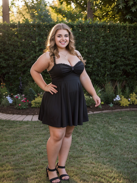a photo of an adorably cute, (16-year-old kiddie model), full figured body, standing, wearing a slutty mini dress, in the backyard, 85mm lens, sharp auto focus, professional lighting all around,  
