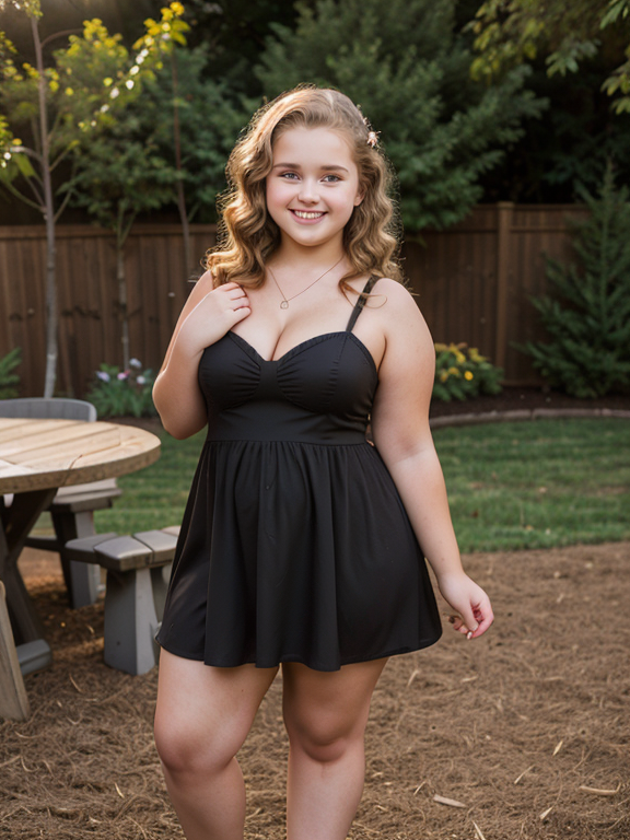 a photo of an adorably cute, (16-year-old kiddie model), full figured body, standing, wearing a slutty mini dress, in the backyard, 85mm lens, sharp auto focus, professional lighting all around,  
