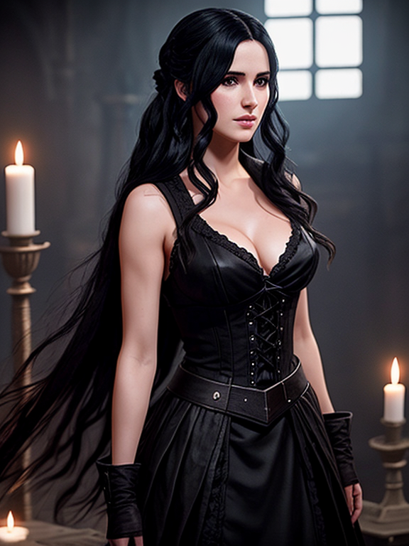 Yennifer from the Witcher, surround by black shadows. Her elegant figure centered in the scene