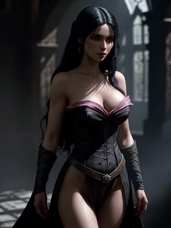 Yennifer from the Witcher, surrounded by black shadows. Her elegant figure centered in the scene. Her bare skin highlighted by pink and blue hues swirling around her ethereal beauty 