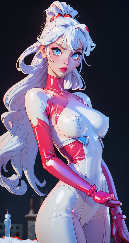 A stunning princess. Her hair is white as snow. Her icy blue eyes piercing the viewers soul with beauty. Her slim, porcelain figure contrasting against the dark room surrounding her. Her cherry red colored latex body suit emphasizing her natural beauty  