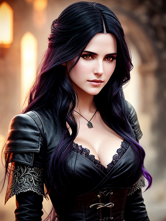 Yennifer from the Witcher. Her eyes are a deep purple, her hair is long and flowing. Her transparent clothing captivating the viewer