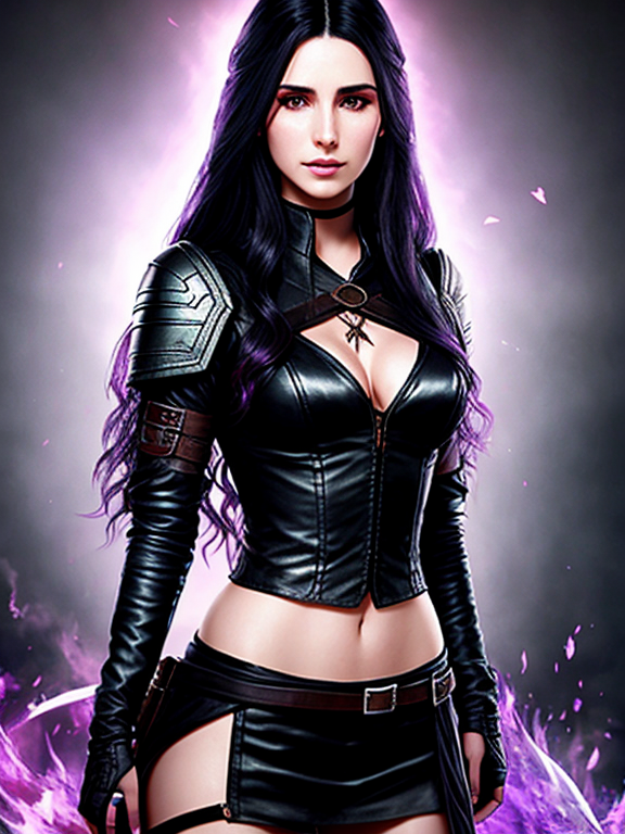Yennifer from the Witcher. Her eyes are a deep purple, her hair is long and flowing. Her transparent clothing captivating the viewer. Her full body is in view