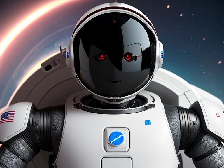 Generate a photorealistic 8K image of a male humanoid robot astronaut. 
