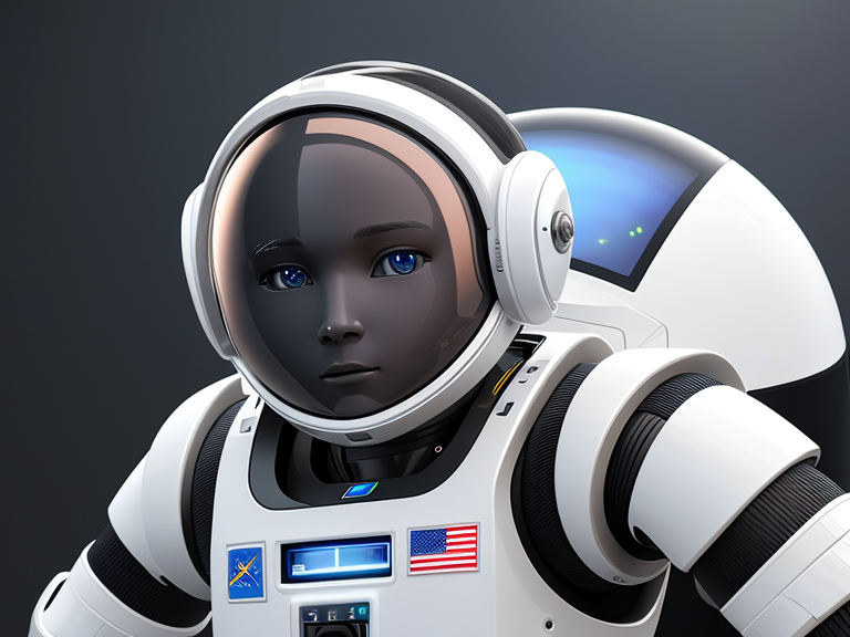 Generate a photorealistic 8K image of a male humanoid robot astronaut. 