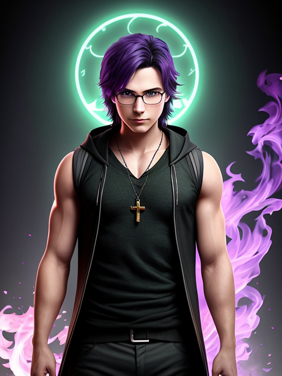 A considerate young college professor with a short temper. He is an angelic fey offspring with green and violet colored eyes and a divine halo. He wears a medieval chemist outfit, a sleeveless hoodie made from a trolls hide, a pair of flamming hand wraps, and rounded glasses. Bottled holy blood mutagens are strapped on his waist., ultra high resolution, DSLR Camera, DSLR Photography, Dark fantasy art, Crisp and ultra realistic detail, realistic digital art, Solid background color, Full Shot