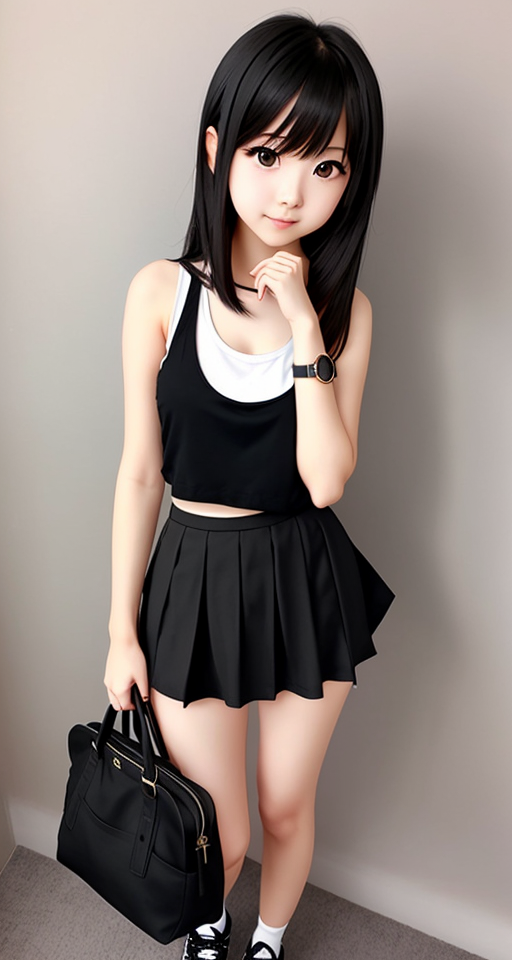 cute anime girl wearing tanktop and black skirt full body