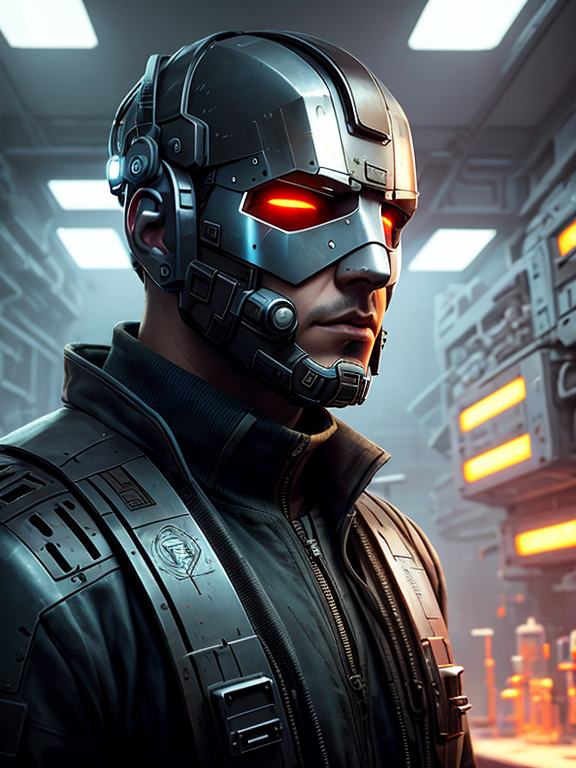 a masked rugged engineer man with cybernetic enhancements in a laboratory, scifi character portrait by greg rutkowski, esuthio, craig mullins, 1 / 4 headshot, cinematic lighting, dystopian scifi gear, gloomy, profile picture, mechanical, half robot, implants, steampunk