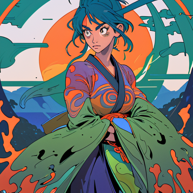 turn 2D , planar vector, character design, japan style artwork, on a shamanic vision quest, with beautiful nocturnal sun and lush Amazon jungle in the background, subtle geometric patterns, clean white background, professional vector, full shot, 8K resolution, deep impression illustration, sticker type, vibrant color, colorful background, a painting illustration , 2D