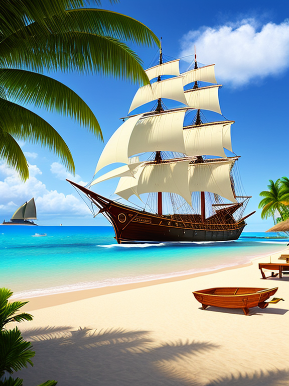 create a photo realistic image of an 18th century pirate ship sailing into a tropical cove with native women on the beach in bikinis
