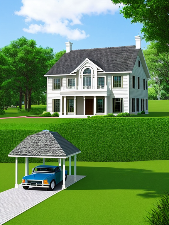 Generate an image of a classic room on a plot of land surrounded by lush green grass, with vehicles and an additional building