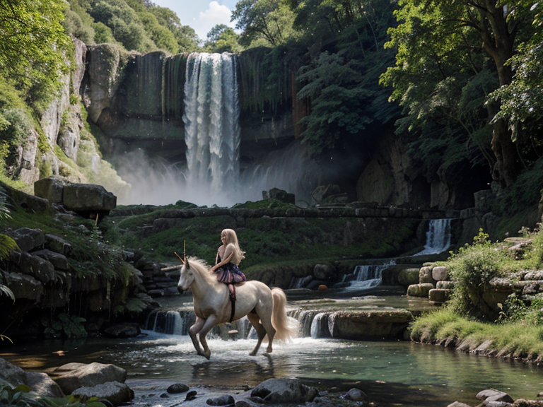 A beautiful unicorn with a long flowing mane and tail walking through an ancient forest with a large waterfall in the background, a stream meandering through the forest, an old stone bridge over the river and small fairies hiding in the foliage