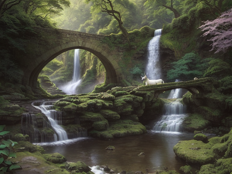 A beautiful unicorn with a long flowing mane and tail walks through an ancient forest with a large waterfall in the background, a stream meandering through the forest, an old stone bridge over the river and small fairies hiding in the foliage
