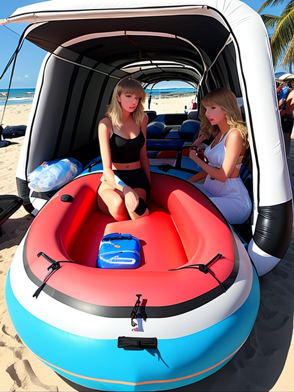 Taylor swift  shopping in a inflatable boat shop on the beach