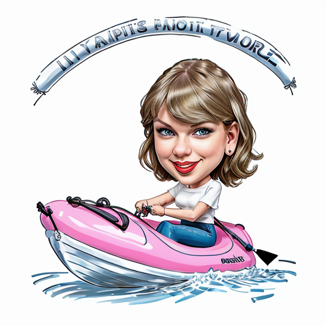 Taylor swift  shopping in a inflatable boat shop on the beach, smiling, white background, sharp focus, (caricature:1.4), drawing