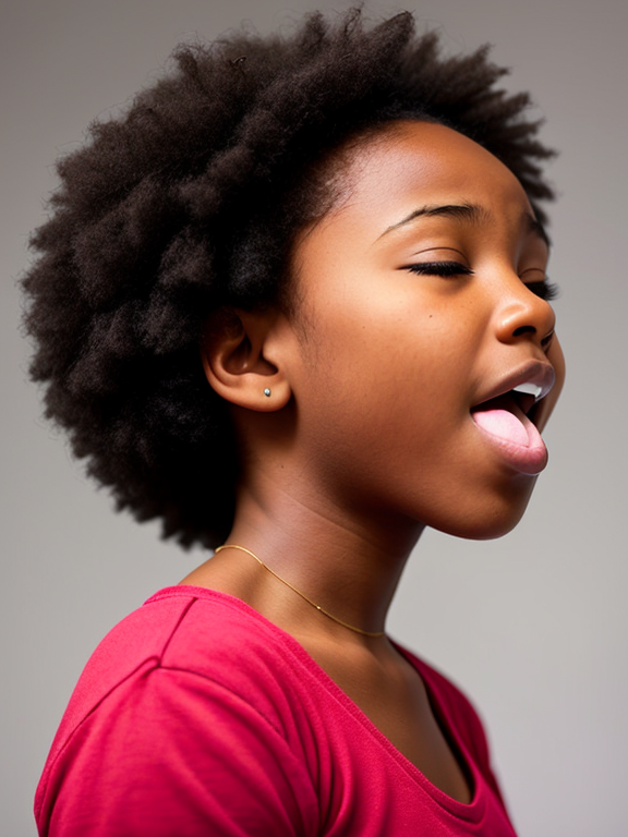 Young african American girl with mouth open and eyes shut, looking down. side view