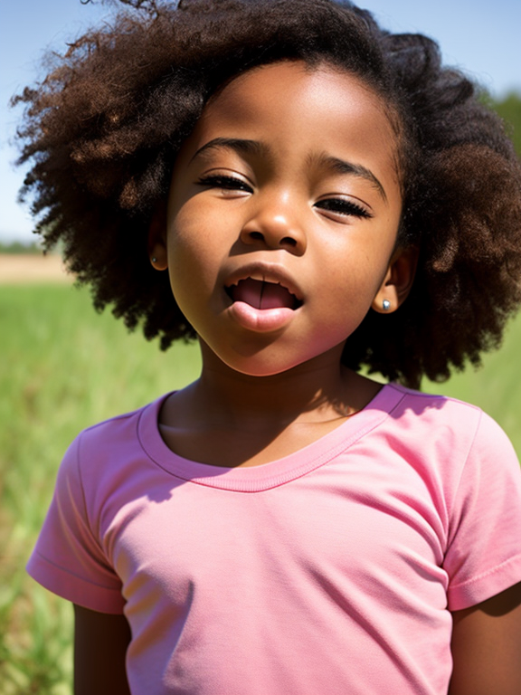 Young african American girl with mouth open and eyes shut, head tilted down. side view