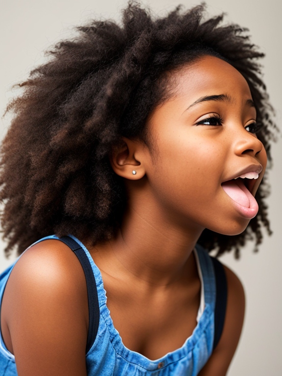 Teen african American girl with mouth open and eyes wide open in amazement, head tilted down. side view