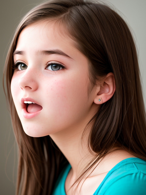 Teen girl with mouth open and eyes wide open in amazement, head tilted down. side view