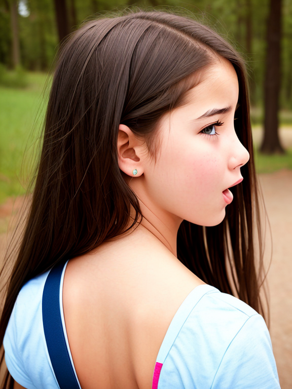 Teen girl with mouth open and eyes wide open in amazement, head tilted down. Rear view
