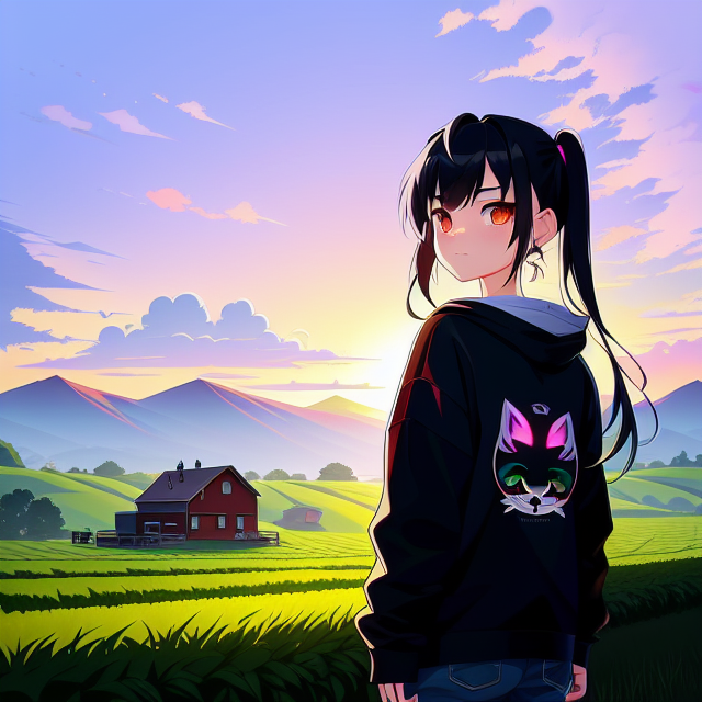Farm in sunset, scenic view window, digital art by artists such as Loish, Ross Tran, and Artgerm, highly detailed and smooth, with a playful and whimsical feel, trending on Artstation and Instagram, 2d art, Lofi Music Anime Illustrations Wallpapers, unique and eye-catching thumbnails, covers for your YouTube videos and music tracks, Vector illustration, 2D, Anime style