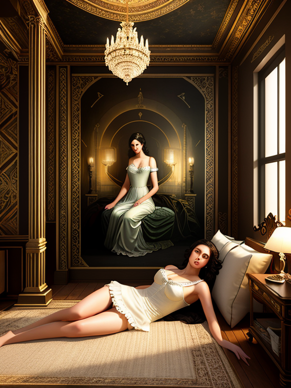 hyper-realistic cryengine 32k UHD-HDR vray totalrender a captivating beautiful woman lying in a Rococo style bedroom, night scene inside an art deco building with renaissance mural wall paintings. masterpiece daz3d 3d detailed highest quality