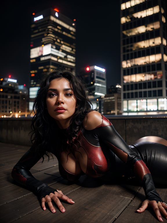 hyper-realistic vray cryengine totalrender 32k UHD-HRD Unreal Engine 5.2 a  a beautiful black tanned woman with red spiderwoman costume, short black wavy hair, with big spider tattoo on her chest. lying down flat on her stomach, on a ledge of a tall building. her hands on her chin and gazing At the stars. background of blurry cityscape at night.