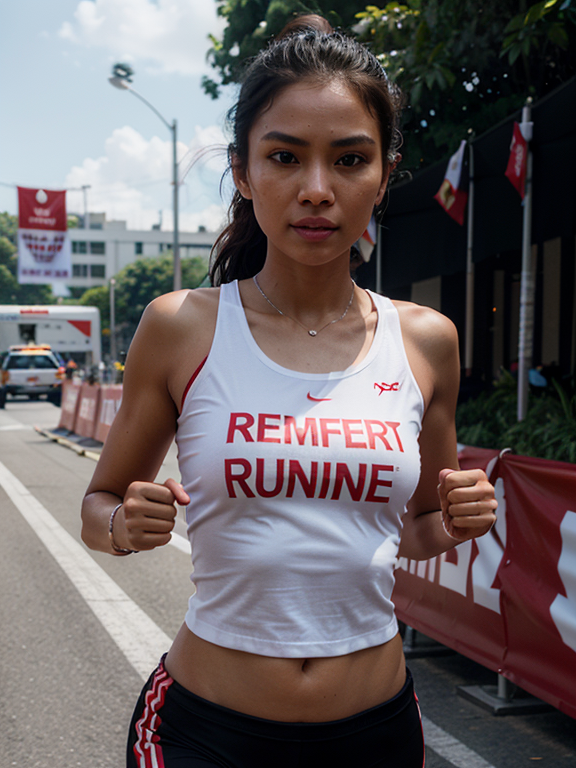 HyperRealistic vray totalrender 32k UHD unreal engine 5 A beautiful Indonesian woman runner wearing a white T-shirt with 