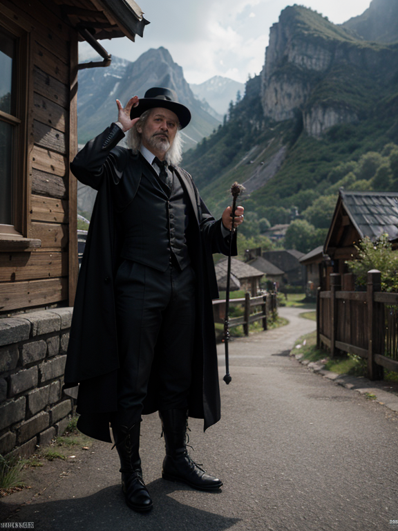 create hyper-realistic vray cryengine 16k UHD-HRD totalrender Unreal Engine 5.2 image of a wise looking wizard,  with his black large hat, waving his wand at a dazed white mouse at his feet. when the wizard touched the mouse, a projection of a handsome young coachman appeared out of the wand. A chariot is waiting outside the house and ready to leave the mountain (background).