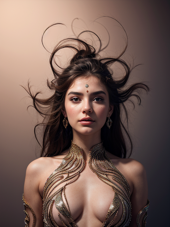 A surreal, abstract portrait of a woman with flowing, organic shapes and vibrant colors, in the style of Dmitry Kustanovich, with delicate modeling, photobashing, Felicia Simion, and Ekaterina Panikanova influences, featuring glittery and shiny elements, a dynamic pose, sharp focus, and an illustration-like quality. The image should have a dreamlike, fluid quality, with the woman's facial features blending into the abstract patterns and forms, creating a visually striking and captivating composition.